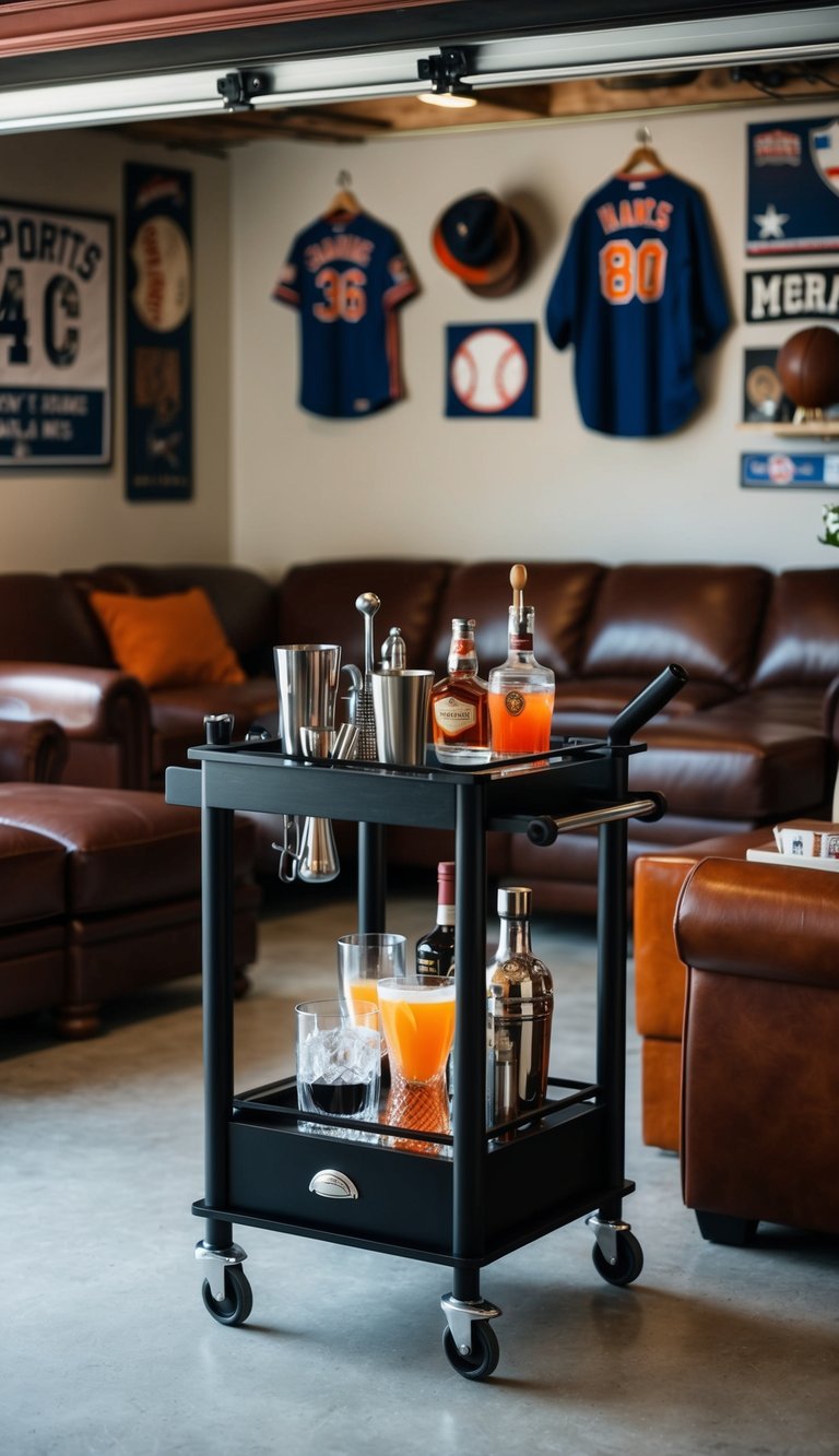 A bar cart with cocktail tools sits in a garage man cave, surrounded by leather furniture and sports memorabilia