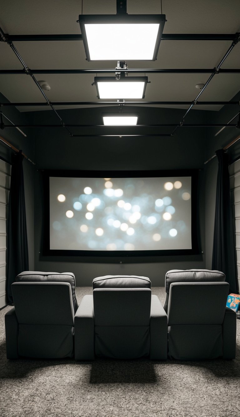 A dark garage with cozy seating, a big screen, and black-out curtains for movie watching