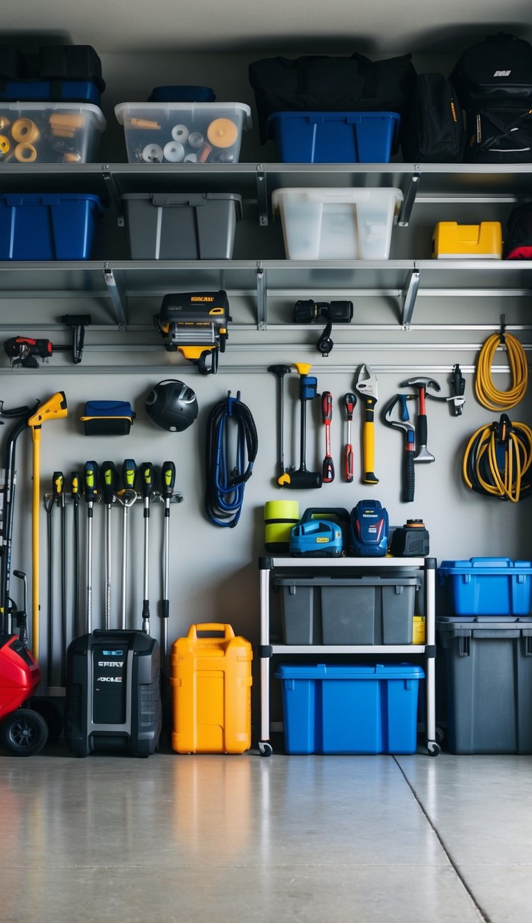 Various storage solutions fill a tidy garage, from wall-mounted racks to labeled bins and shelves holding tools, sports equipment, and household items