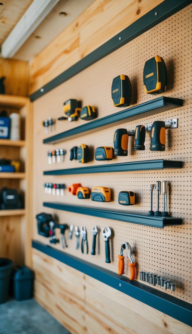 A pegboard wall with magnetic strips holding small metal tools in a tidy garage