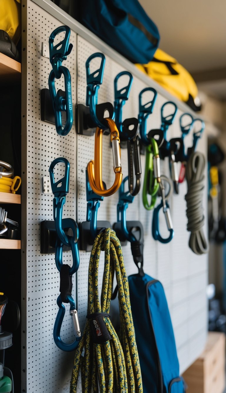 Several carabiner hooks are attached to a pegboard, holding various items such as tools, ropes, and bags, in a neatly organized garage