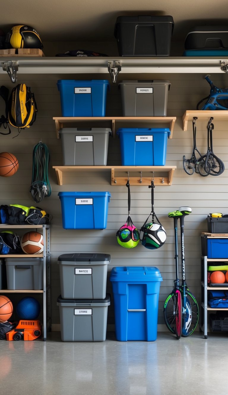 A cluttered garage is transformed into an organized space with labeled bins, wall-mounted shelves, and hanging hooks for sports equipment