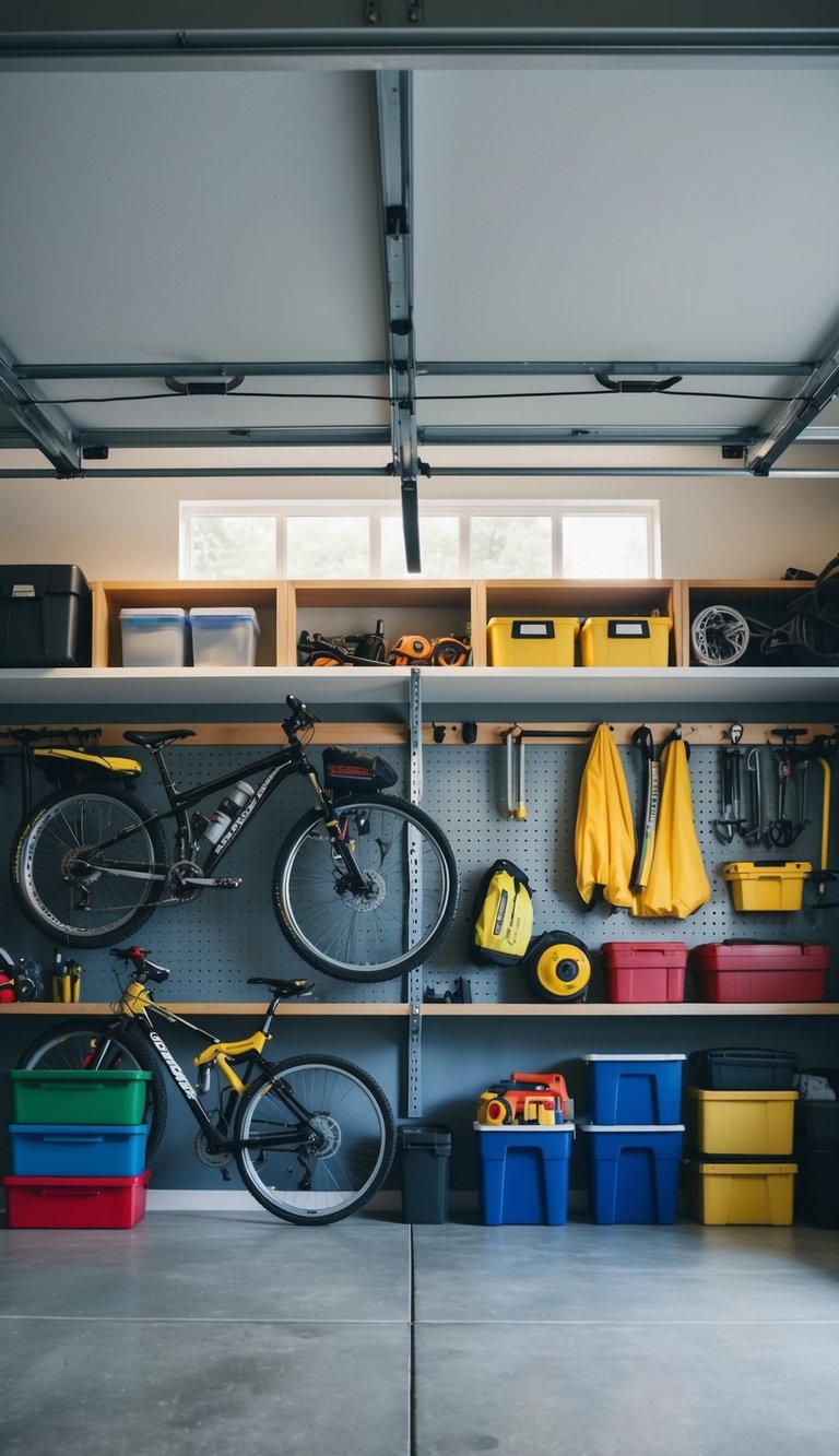 A spacious garage with labeled zones for tools, bikes, and seasonal items. Shelves, hooks, and bins keep everything organized and easily accessible