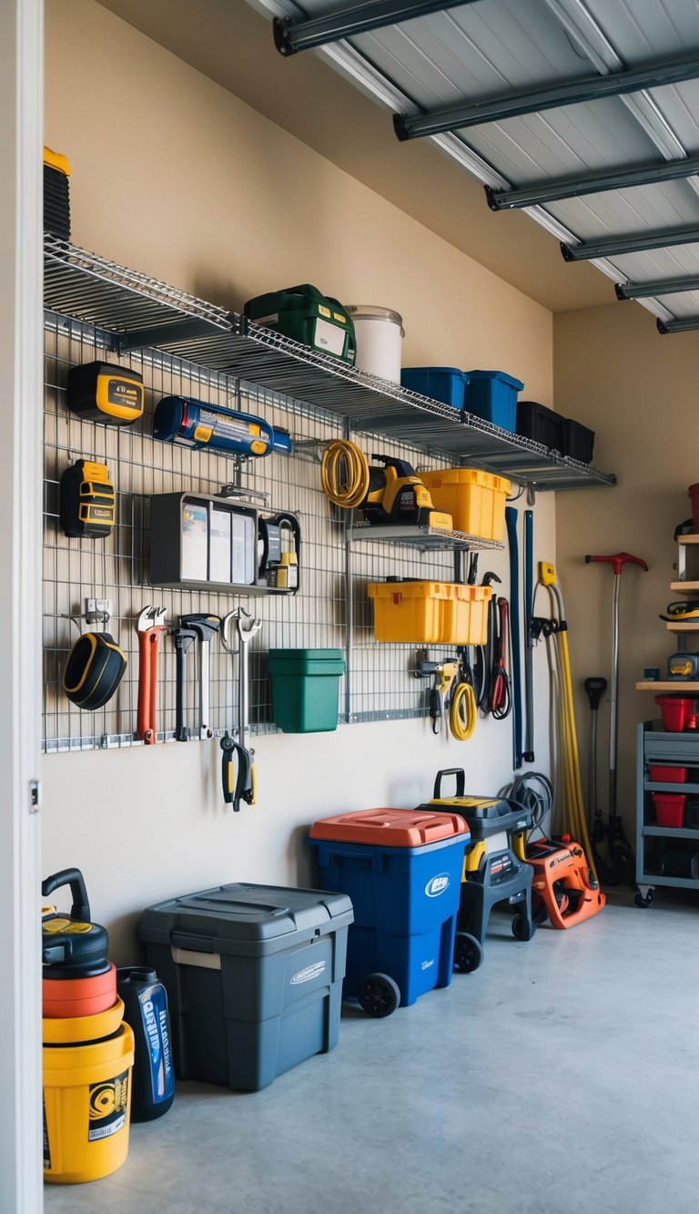 A garage with adjustable wire shelving installed along the walls, neatly organizing various family-friendly items and tools