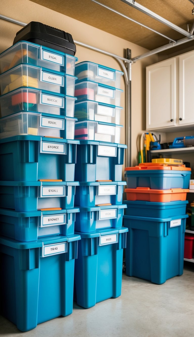 Several clear plastic storage bins with labeled compartments neatly arranged in a garage, showcasing an organized and efficient storage system for a busy household