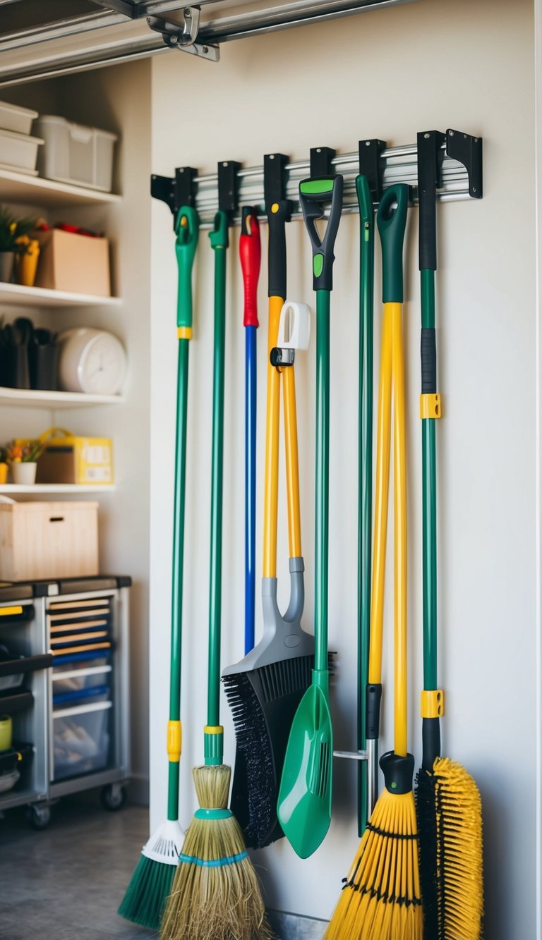 A wall-mounted track system holds brooms and garden tools in an organized garage