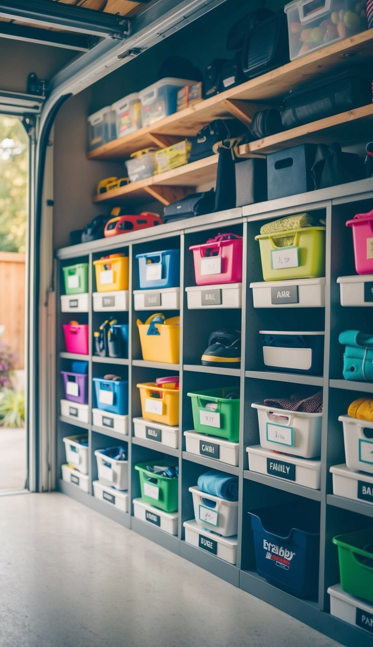 A row of labeled cubbies, each filled with family members' belongings, neatly organized in a garage