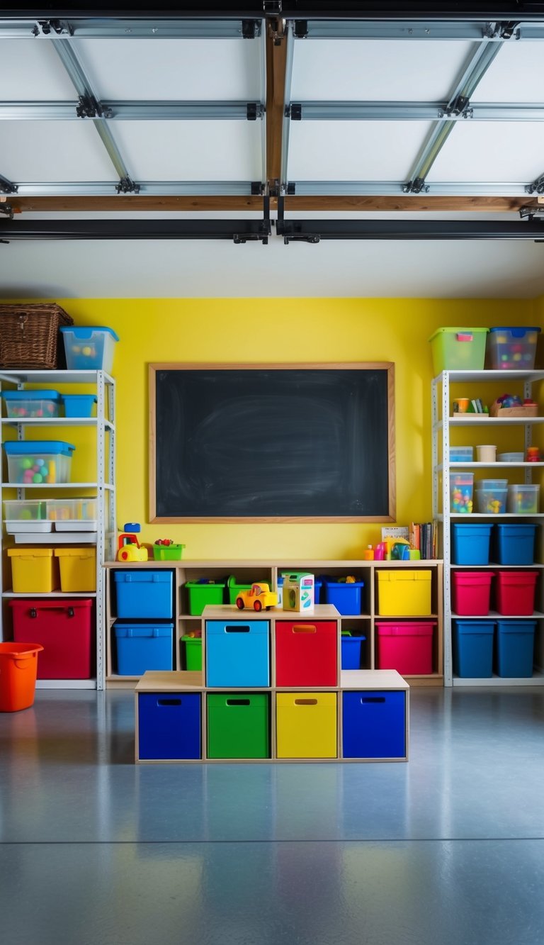 A brightly-colored family activity center with a large chalkboard, surrounded by organized storage and shelves in a spacious garage