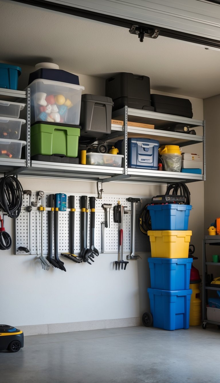 A cluttered garage with various items neatly organized on overhead storage racks, creating more space for a family-friendly environment
