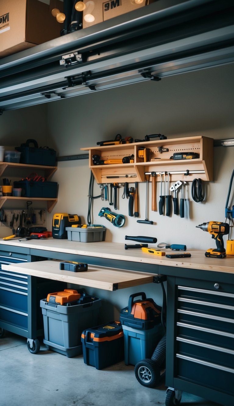 A fold-down workbench installed in a clutter-free garage, surrounded by neatly organized tools and supplies