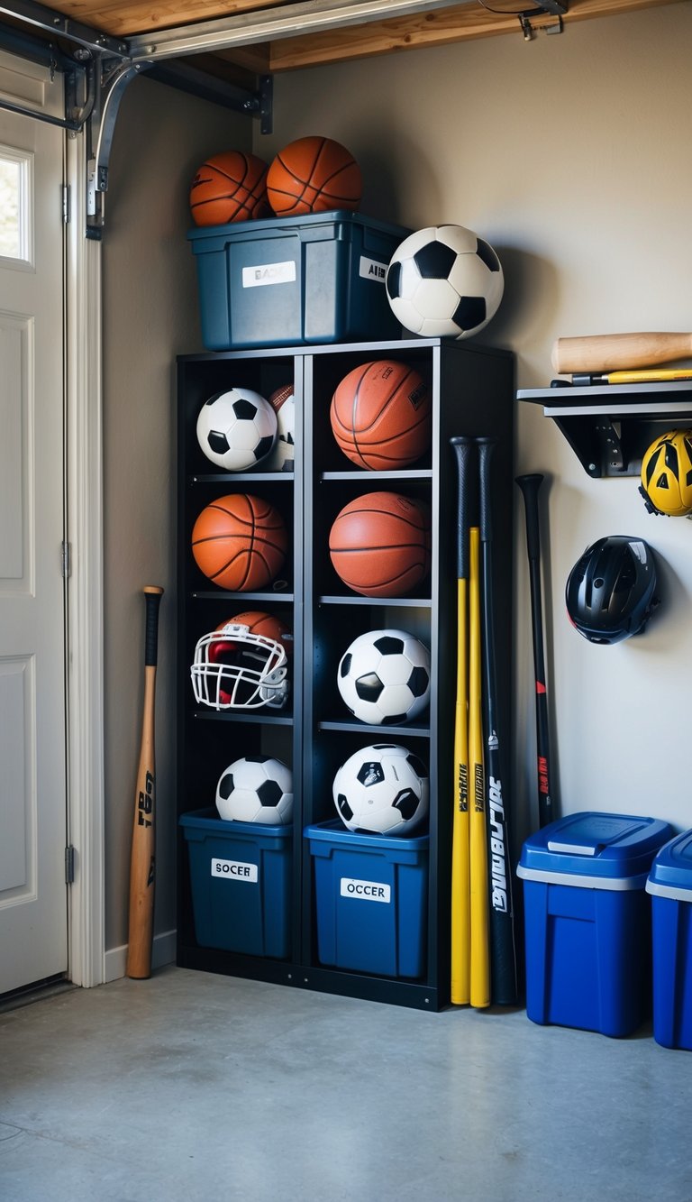 A corner of the garage holds neatly organized sports equipment, including basketballs, soccer balls, bats, and helmets, all stored in labeled bins and racks