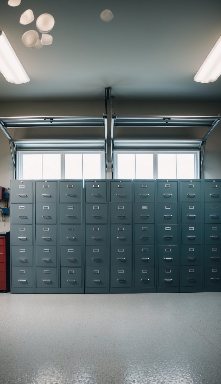 A spacious garage with large lateral filing cabinets neatly organized for heavy storage needs