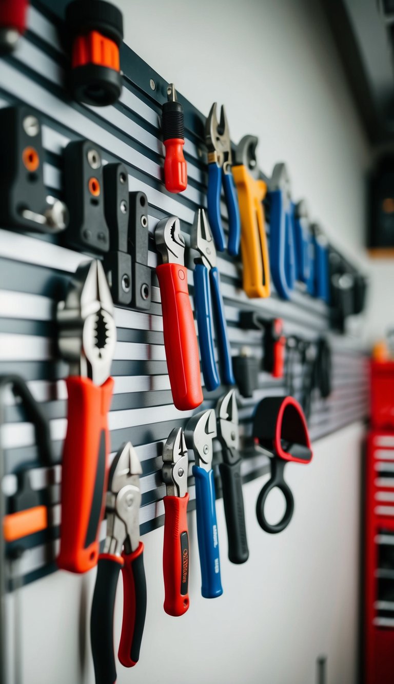 Small metal tools arranged neatly on magnetic strips in an organized garage
