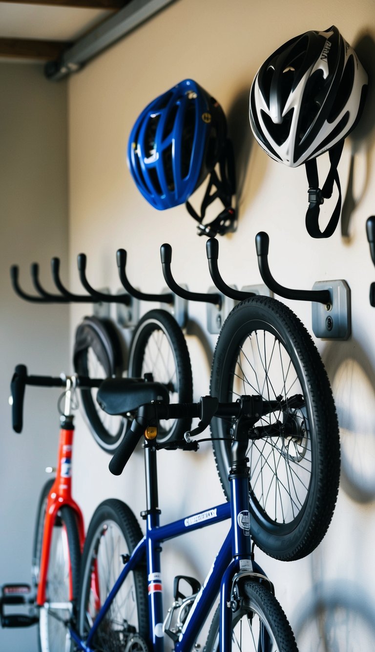 Hooks are installed on the wall, holding bicycles and helmets in an organized manner. The garage is neat and family-friendly