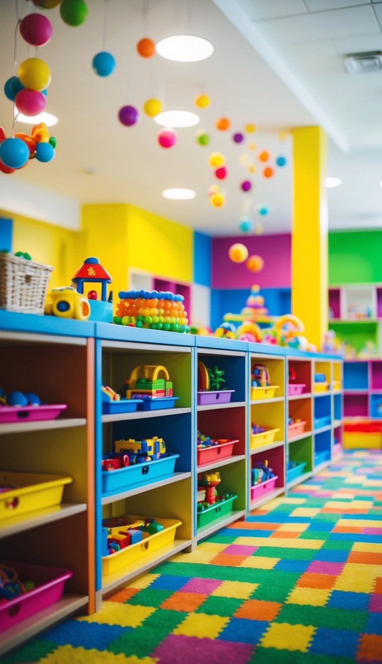 A colorful play area with low shelves filled with toys and games, surrounded by bright, inviting decor