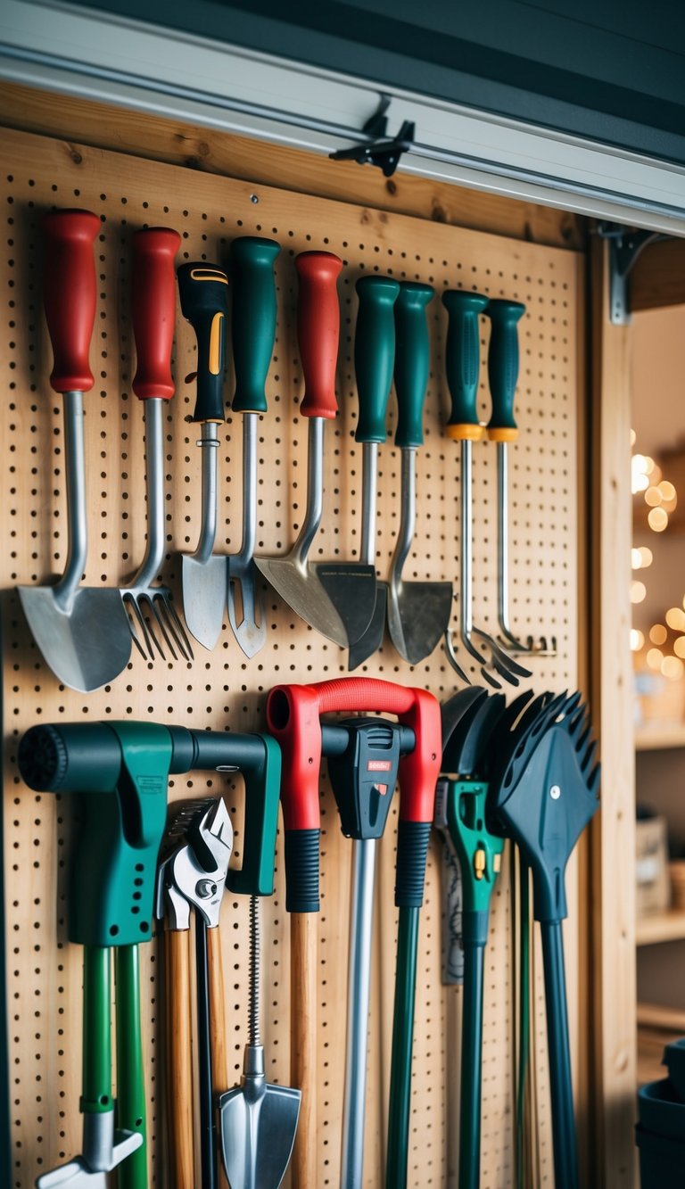 Garden tools hung neatly on pegboards in a garage