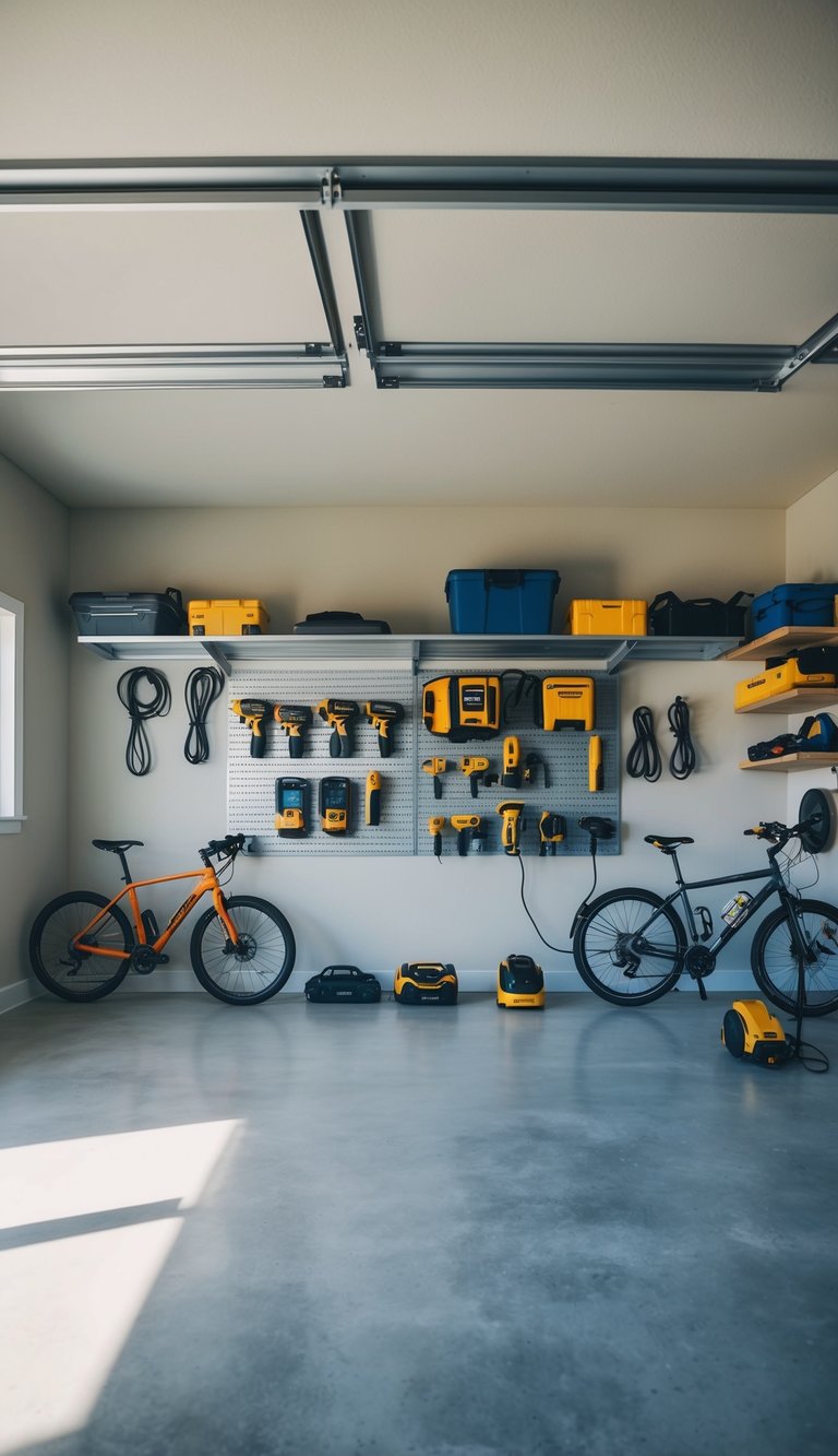 A spacious garage with a designated area for charging electric tools and bikes, organized and accessible for a busy family