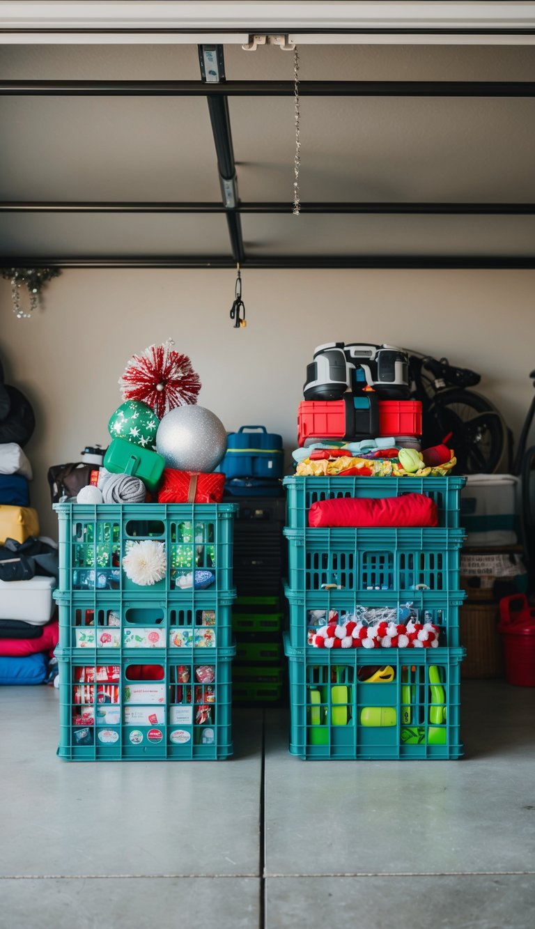 Stackable storage crates neatly arranged in a garage, filled with seasonal items such as holiday decorations, winter gear, and summer outdoor toys