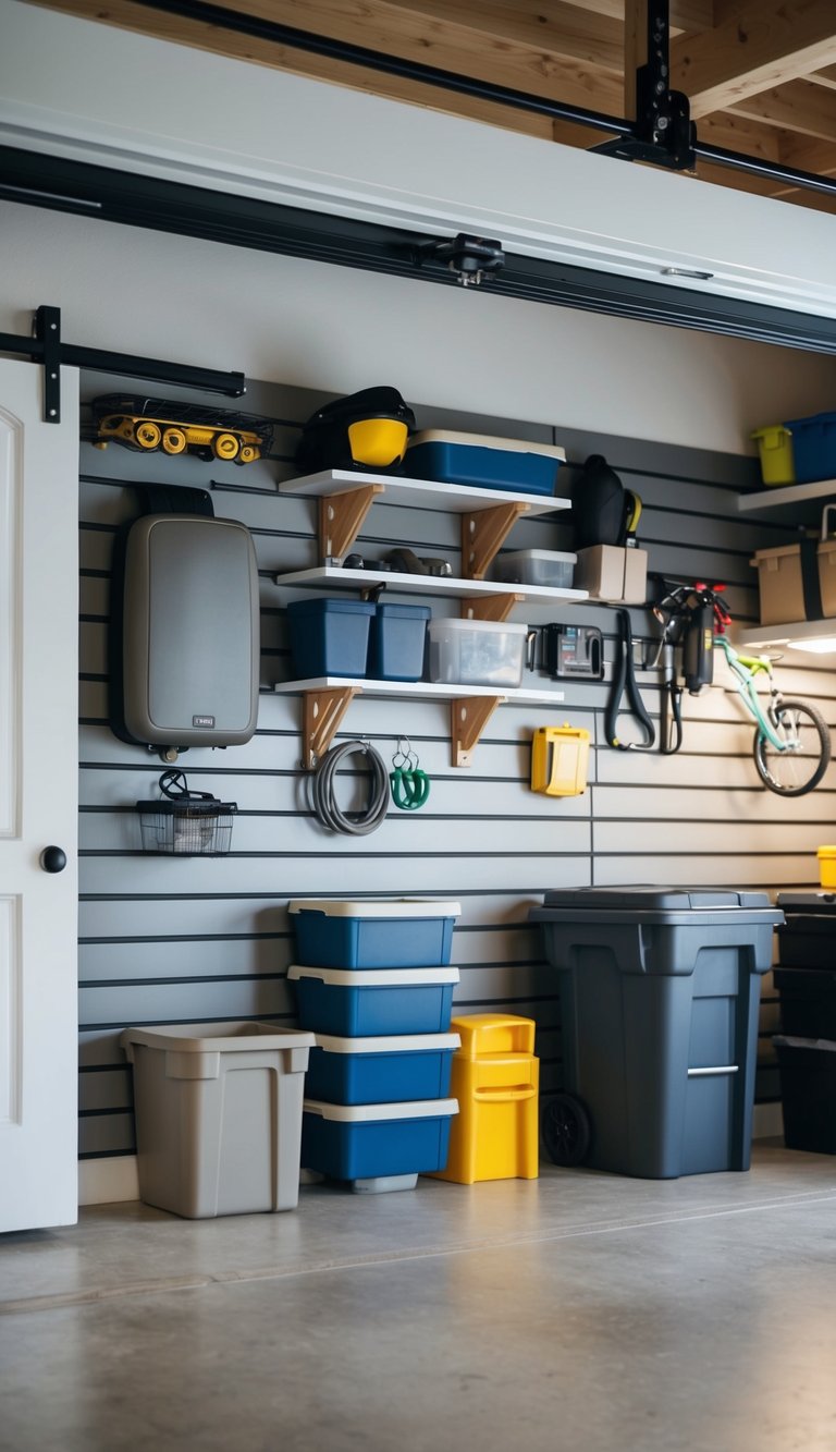 A garage with a slatwall system installed, featuring various storage options such as shelves, hooks, and bins for organizing family-friendly items