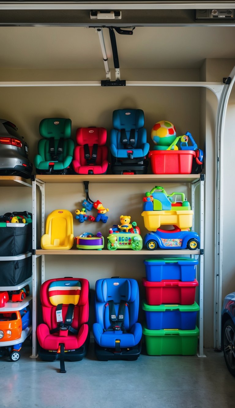 A designated area in the garage with colorful booster seats, toys, and children's gear neatly organized
