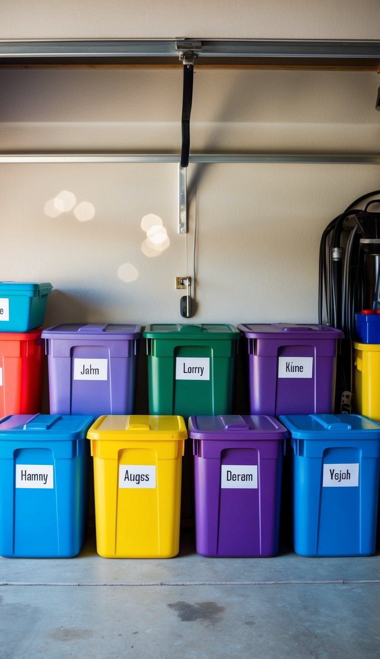 Colorful bins labeled with family members' names neatly arranged in a garage