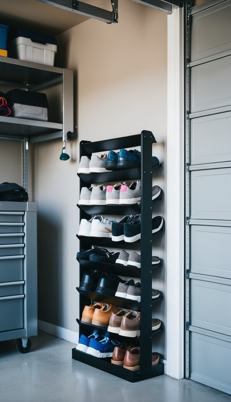 A shoe rack sits neatly in the corner of a tidy garage, holding various pairs of footwear in an organized manner