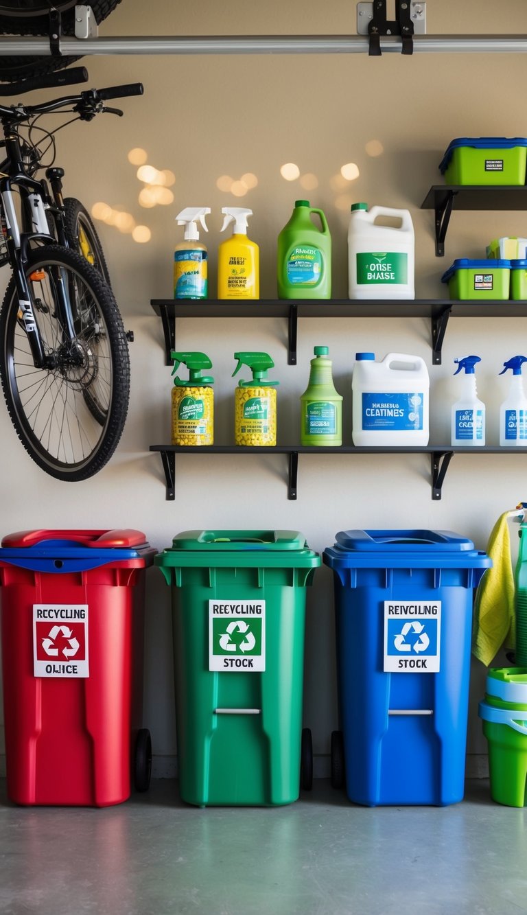 A garage with labeled recycling bins, hanging bike racks, and shelving for reusable containers and eco-friendly cleaning supplies