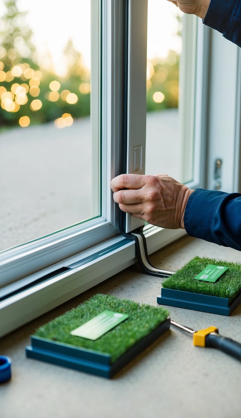 Weatherstripping being installed around garage doors and windows, with eco-friendly materials and tools nearby
