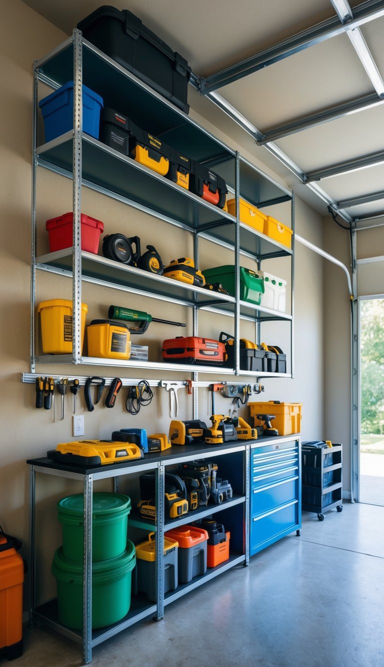 Recycled steel shelving neatly organizes tools and supplies in a spacious garage, promoting sustainability and eco-friendly living