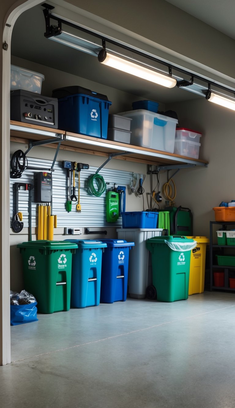 A cluttered garage with LED motion-sensor lighting, eco-friendly storage bins, and labeled recycling stations