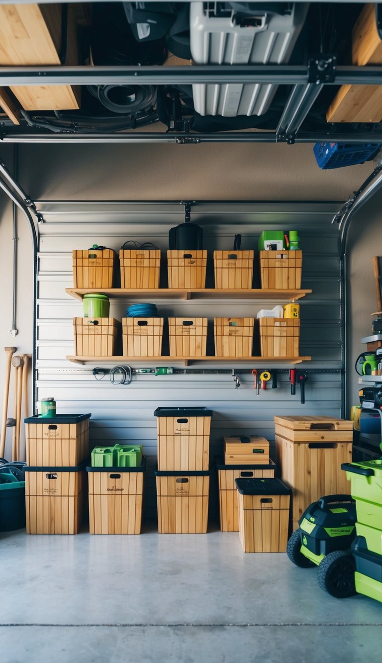 A cluttered garage with bamboo storage bins neatly organized, surrounded by eco-friendly tools and materials