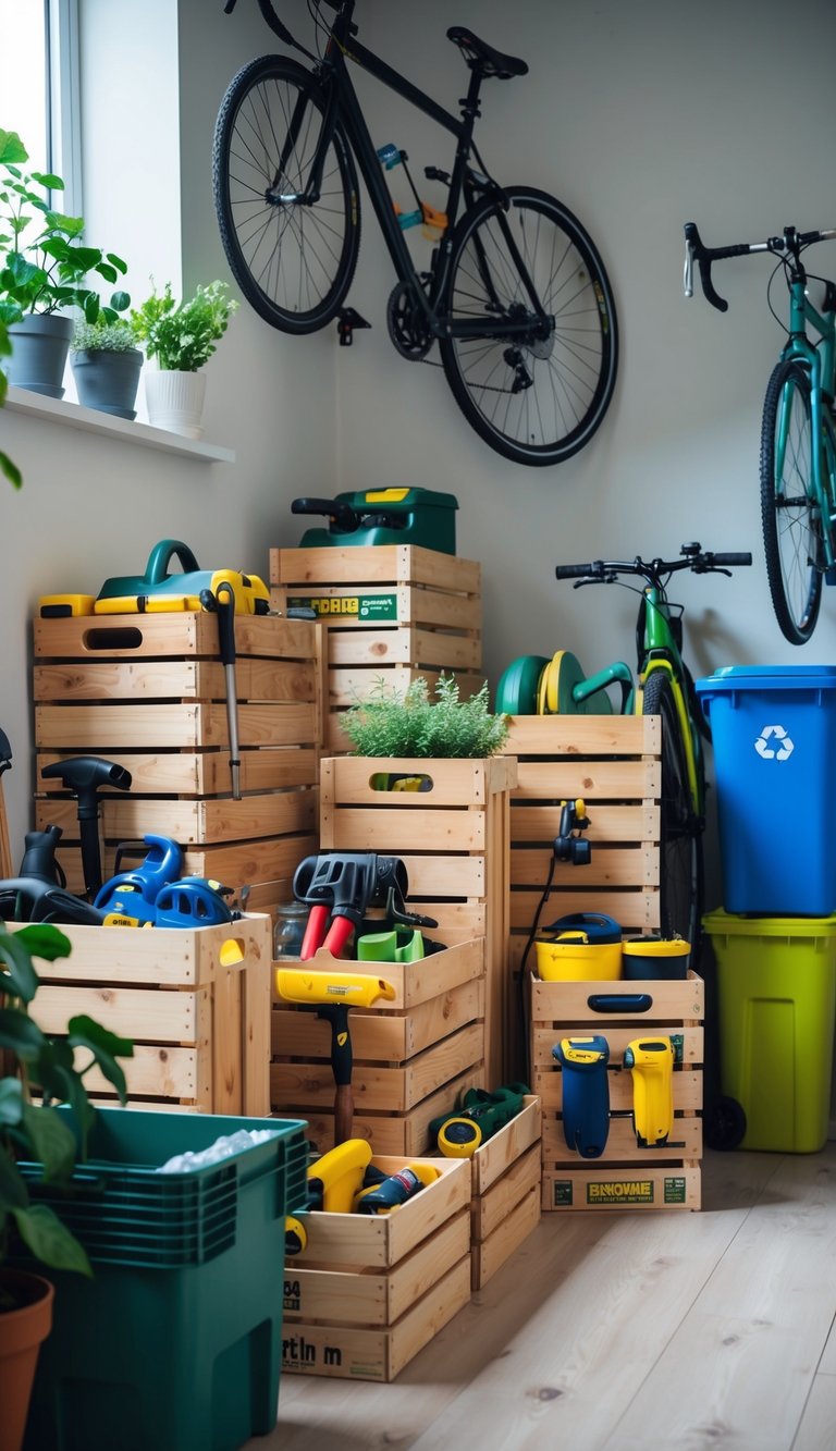 Wooden crates stacked neatly, filled with tools and gardening supplies. Bicycles and sports equipment hung on the wall. Plants and recycling bins in the corner