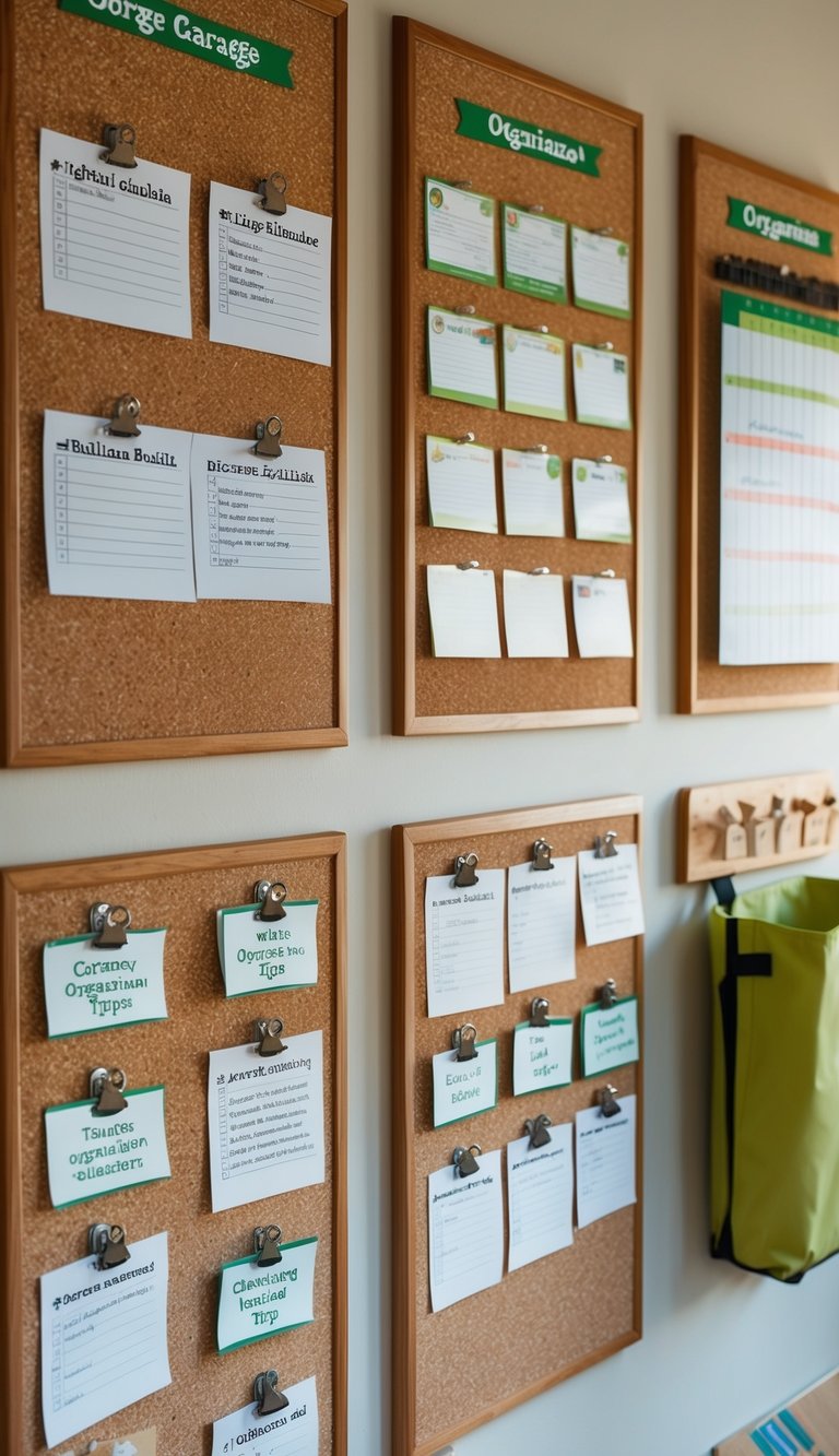 Cork bulletin boards filled with eco-friendly garage organization tips and schedules