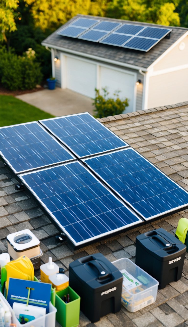 Solar panels installed on a garage roof, surrounded by eco-friendly organization items for a sustainable home