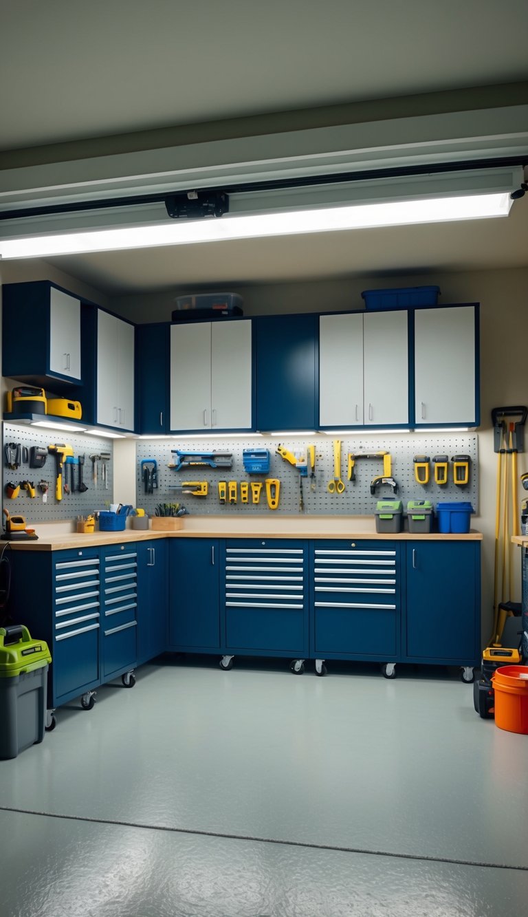 A garage with neatly organized shelves and cabinets painted with low-VOC paint, surrounded by eco-friendly storage solutions and tools