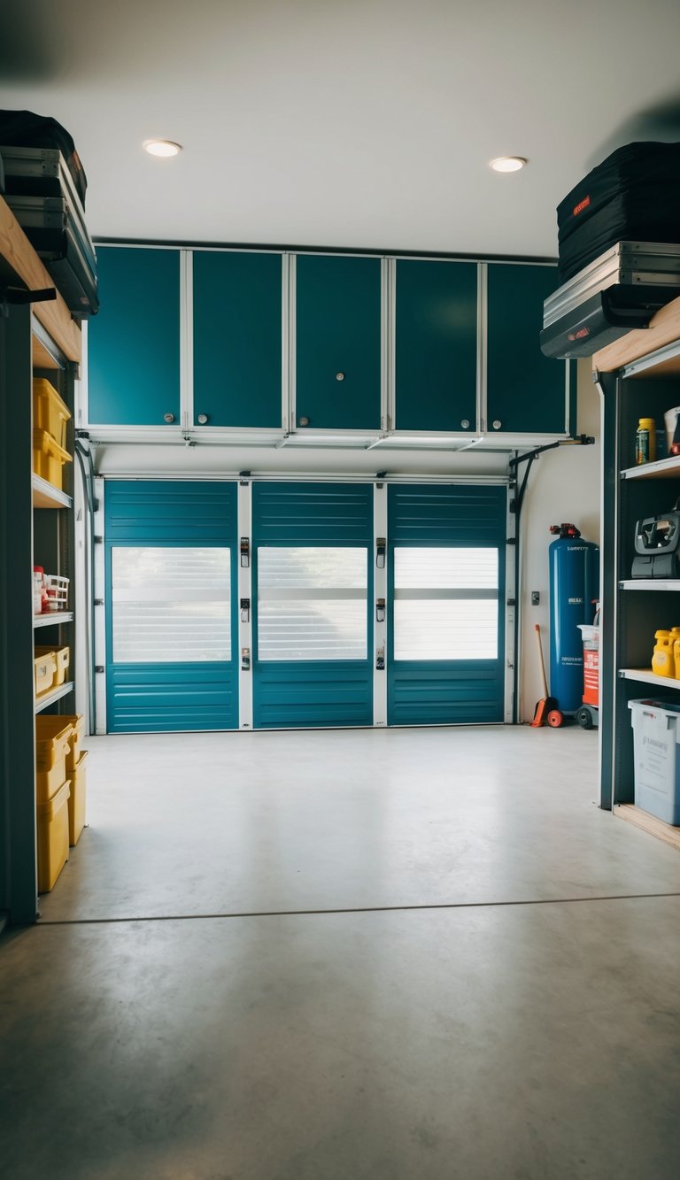 A garage with eco-friendly insulated doors made from recycled materials, organized with sustainable storage solutions