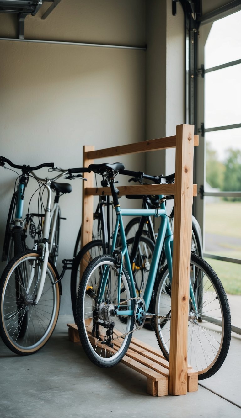 A wooden bike rack stands against a garage wall, crafted from reclaimed wood. Bicycles are neatly organized, showcasing sustainable living