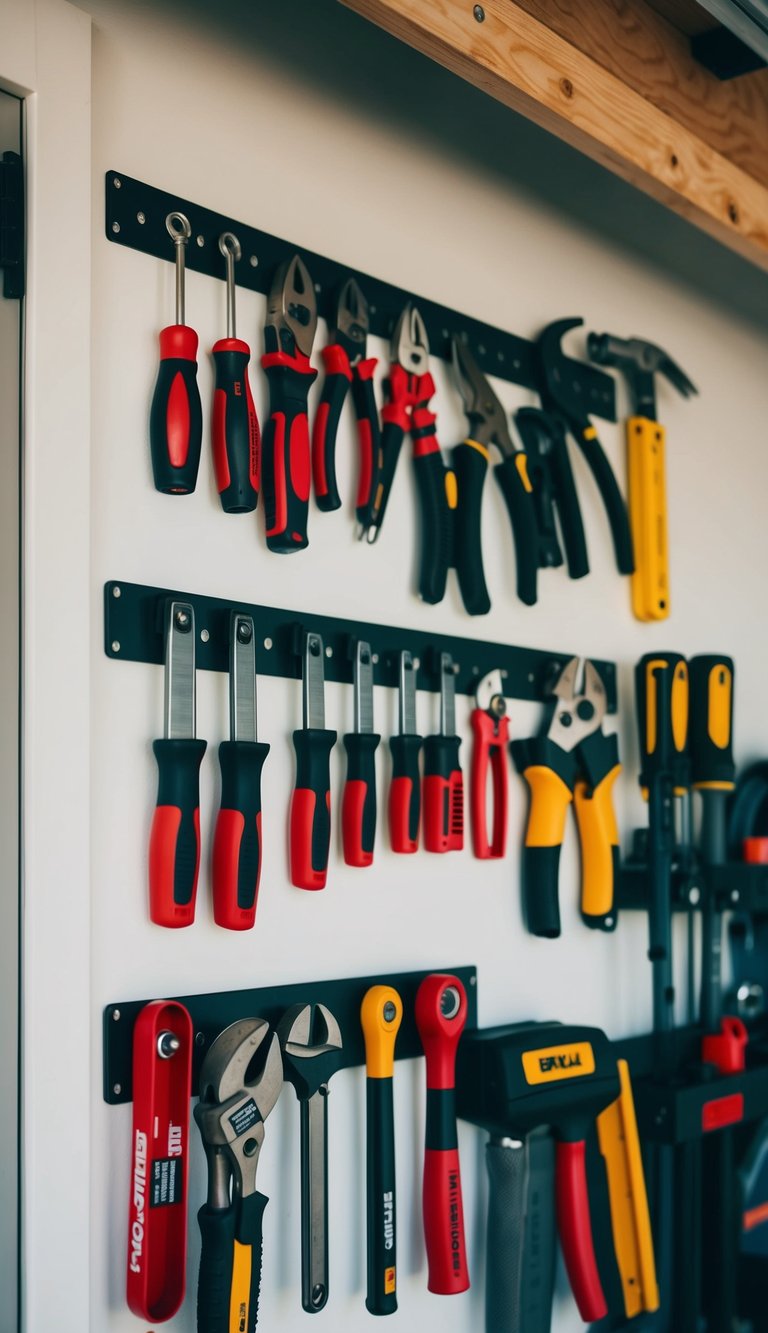 Tools hang on magnetic strips, neatly organized on garage walls