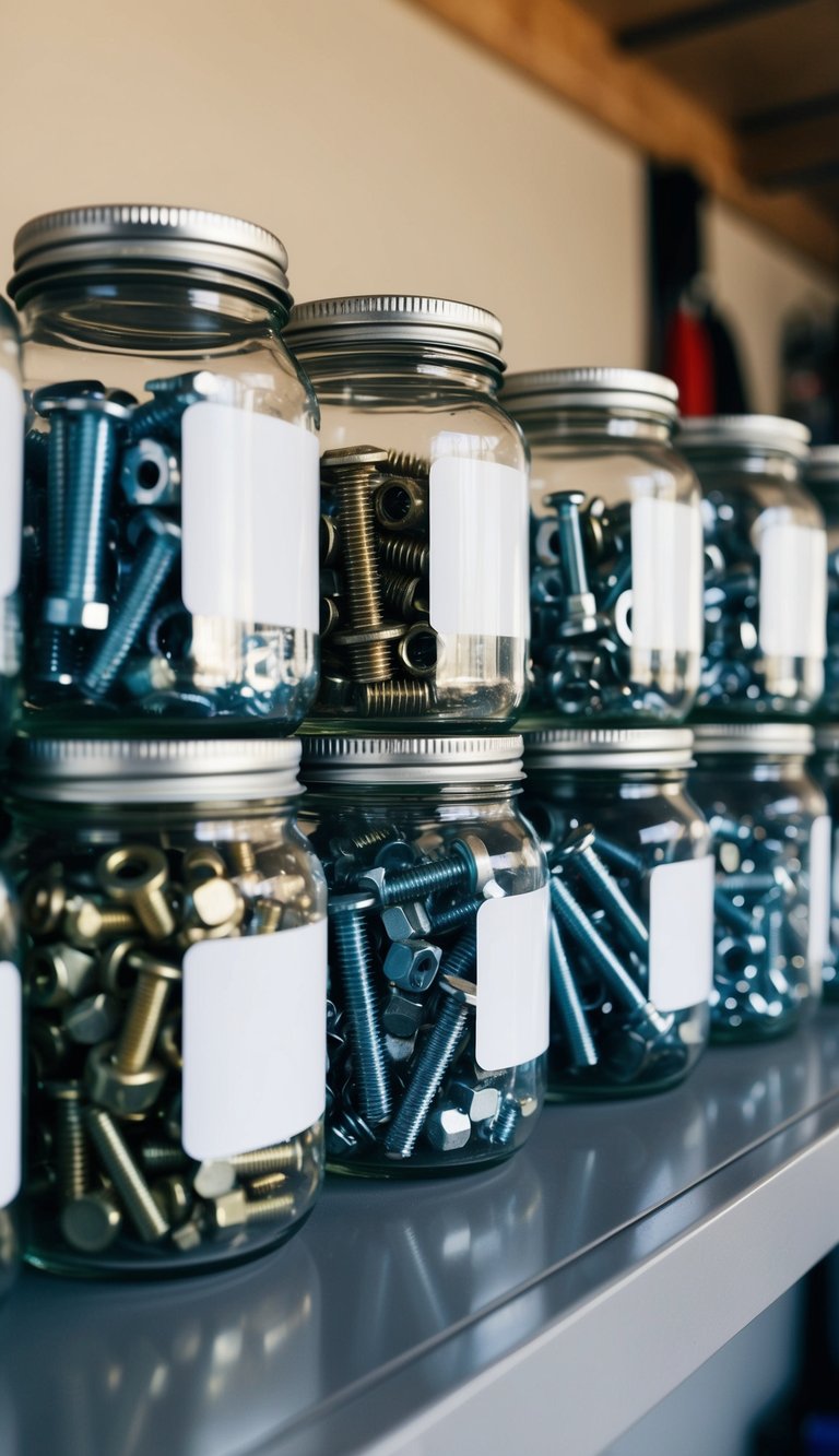 Glass jars filled with nuts, bolts, and screws neatly arranged on a shelf in a garage. Labels indicate the contents for easy organization