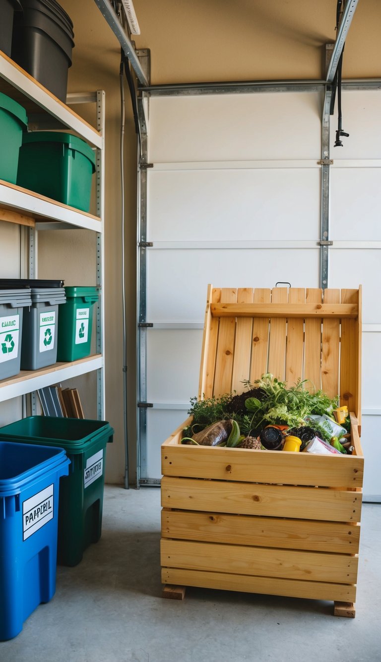 A wooden compost bin sits in a tidy garage, filled with organic waste. Nearby, shelves hold labeled bins for sorting recyclables and reusable items
