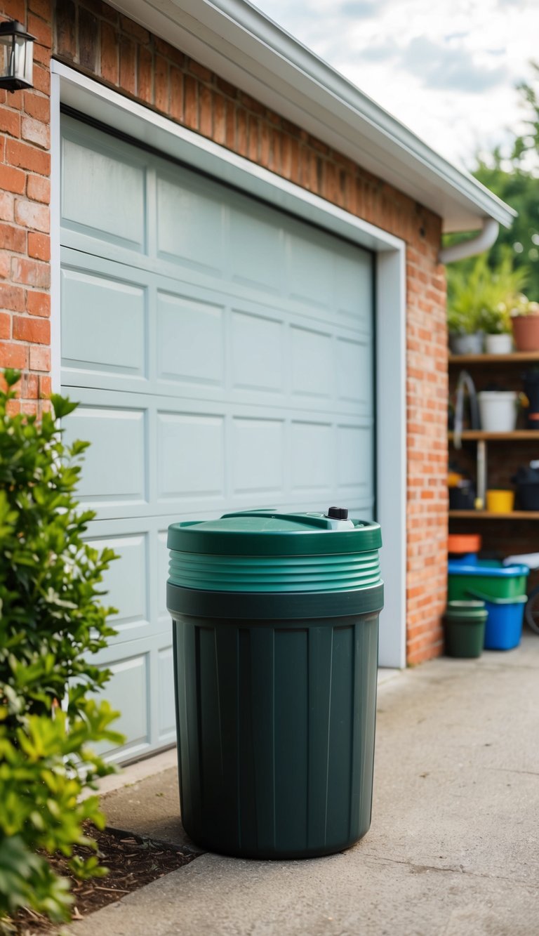 A rainwater collection barrel sits outside a tidy garage with eco-friendly organization