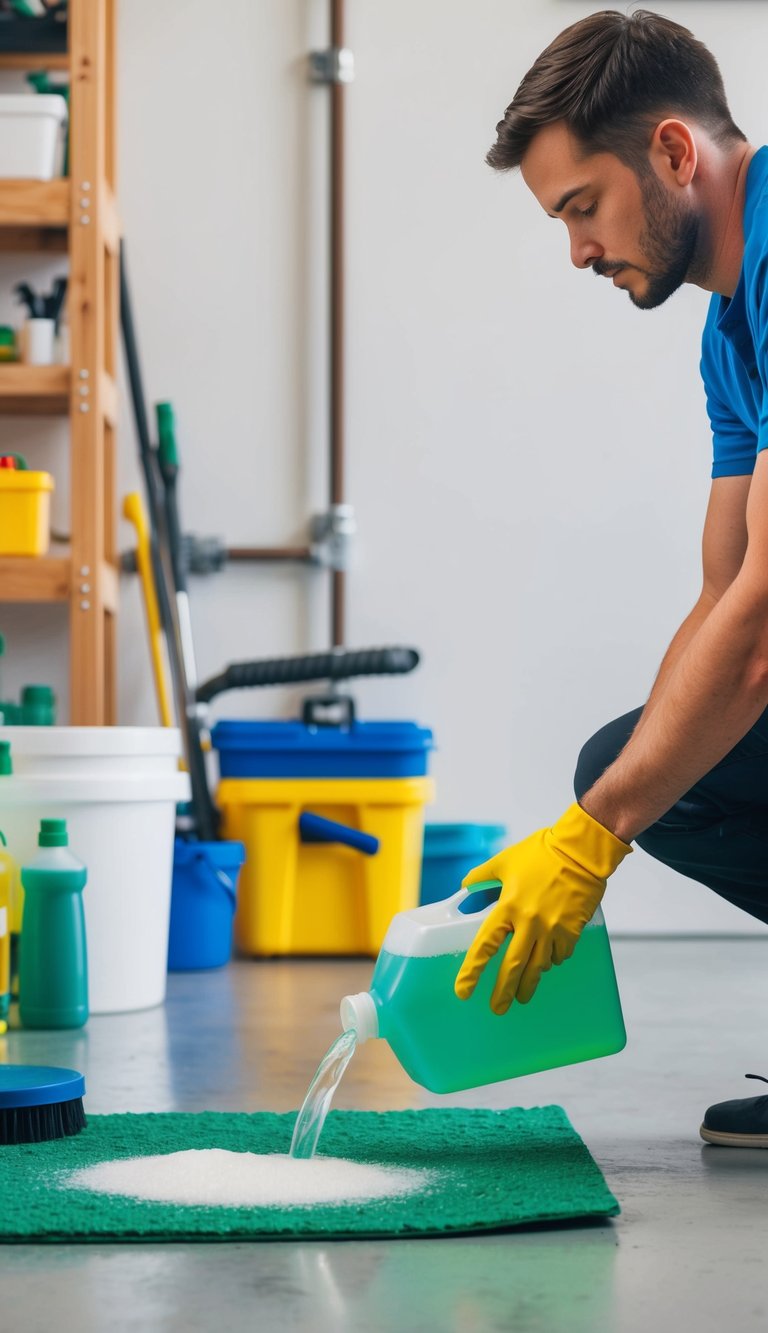 A person pouring eco-friendly cleaning solution onto a garage floor, surrounded by various sustainable organization tools and products