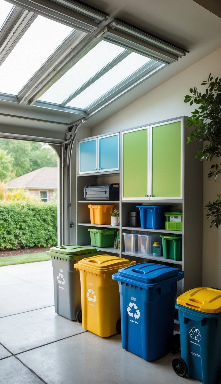 A garage with energy-efficient skylights, organized with eco-friendly storage solutions and recycling bins