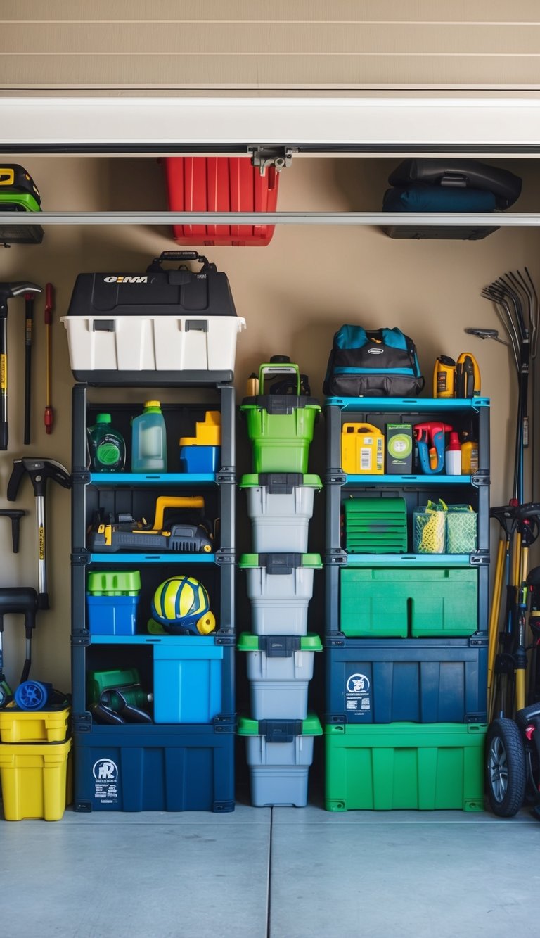 A garage filled with modular storage systems made from recycled plastic, neatly organizing tools, sports equipment, and gardening supplies