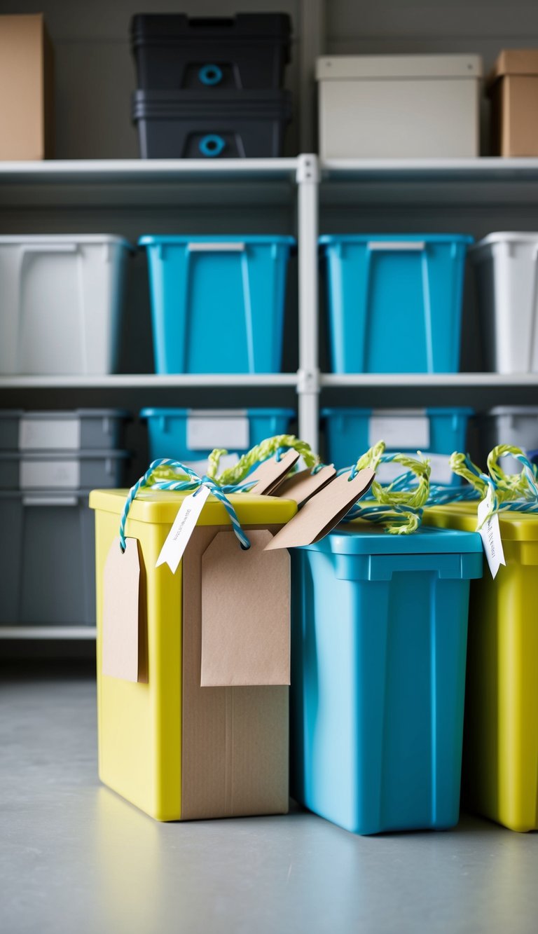 Recycled paper tags are tied to storage containers in a tidy garage, showcasing eco-friendly organization
