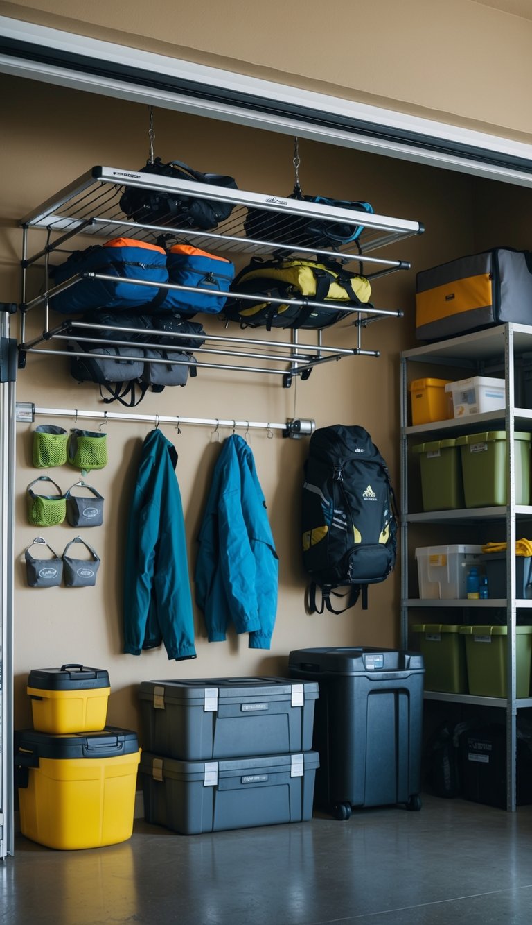 A ceiling-mounted drying rack holds wet gear in an organized garage, surrounded by eco-friendly storage solutions