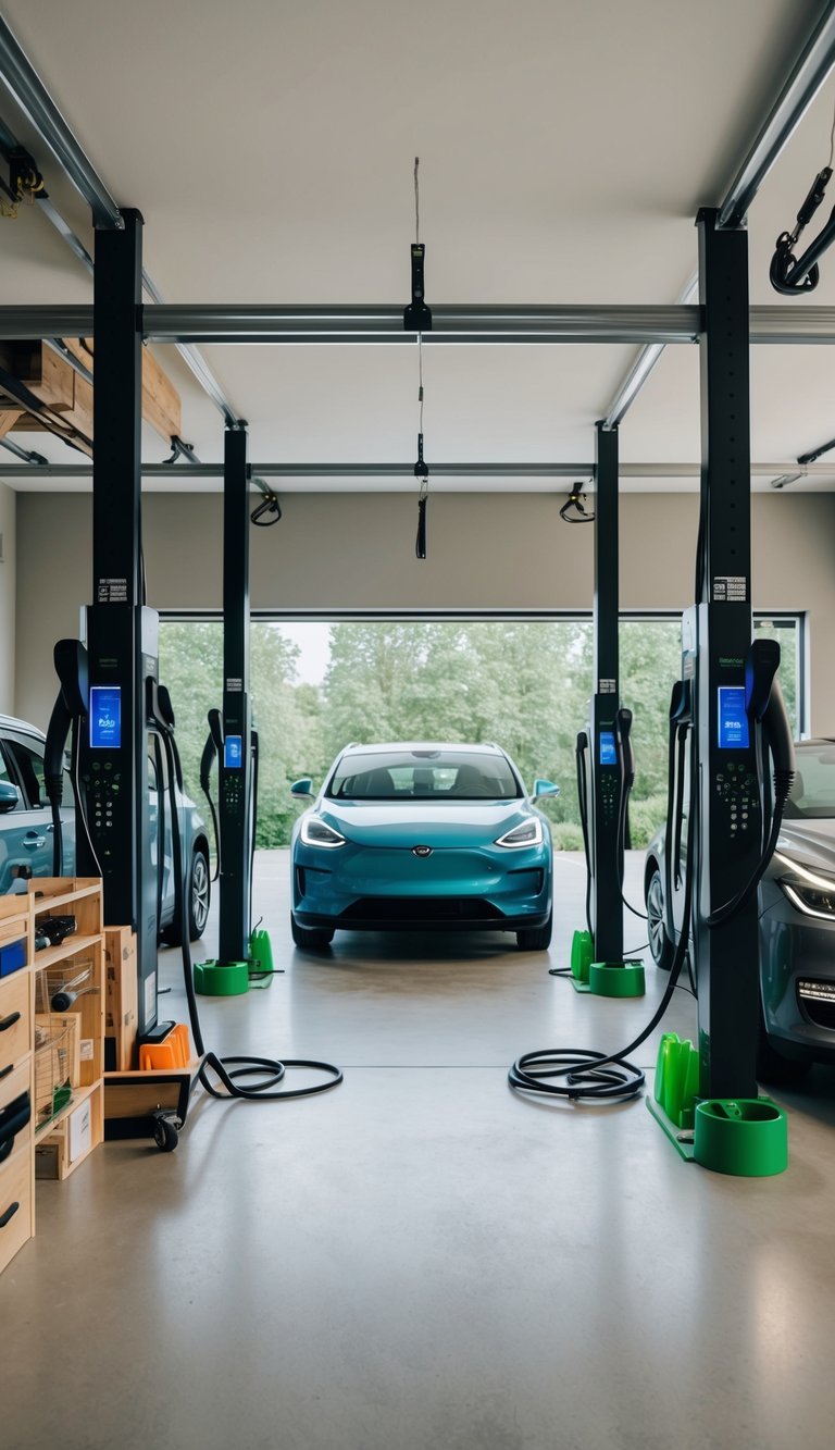 A spacious garage with multiple charging stations for electric vehicles, surrounded by eco-friendly organization tools and sustainable materials