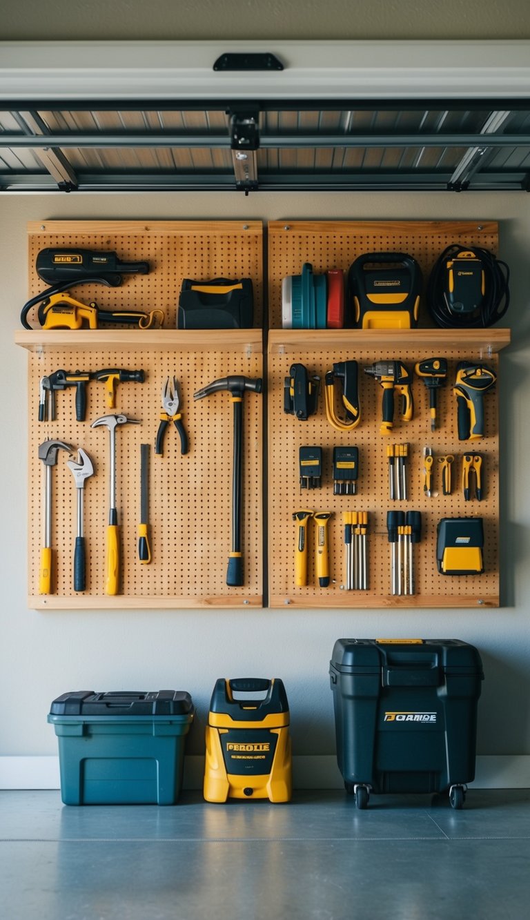 A garage with pegboards made from sustainable wood, neatly organizing tools and equipment for a sustainable home