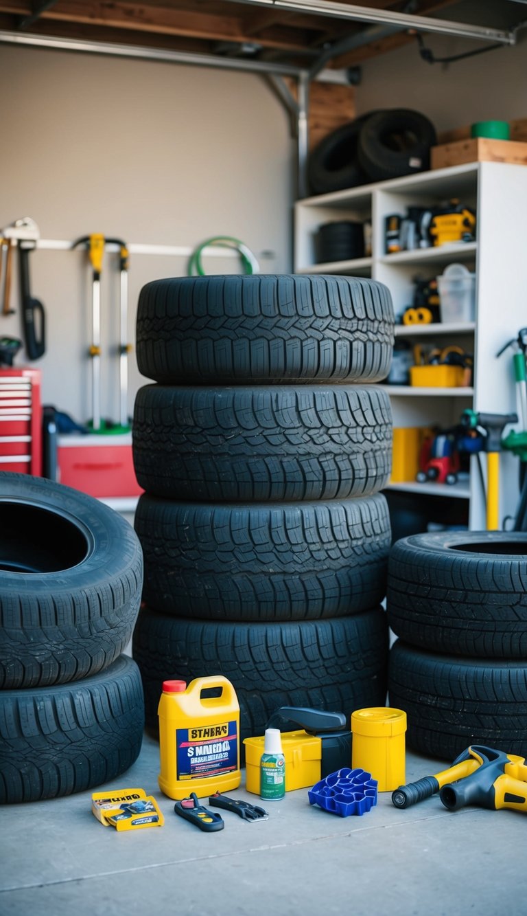 Old tires stacked and repurposed as storage ottomans, surrounded by eco-friendly garage organization tools and supplies