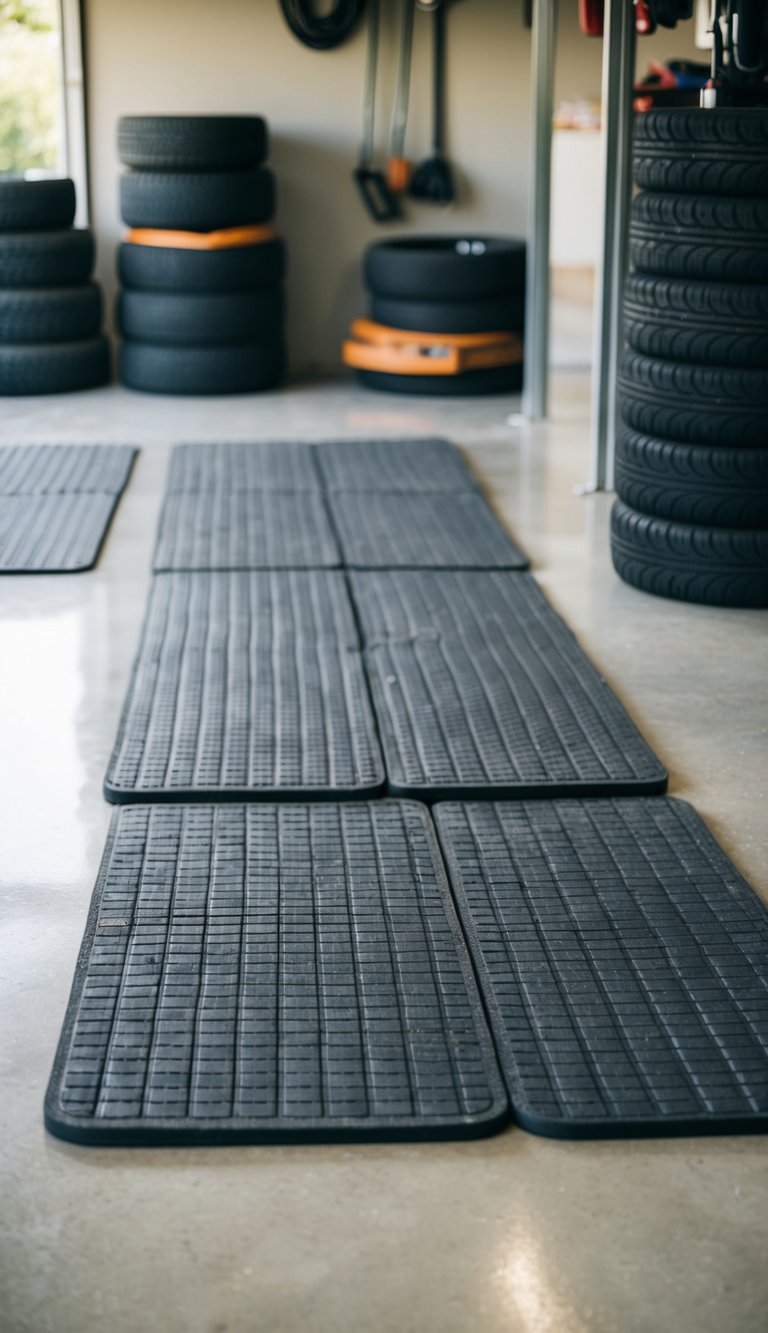 Rubber mats laid out in a tidy, organized garage, made from recycled tires for an eco-friendly touch